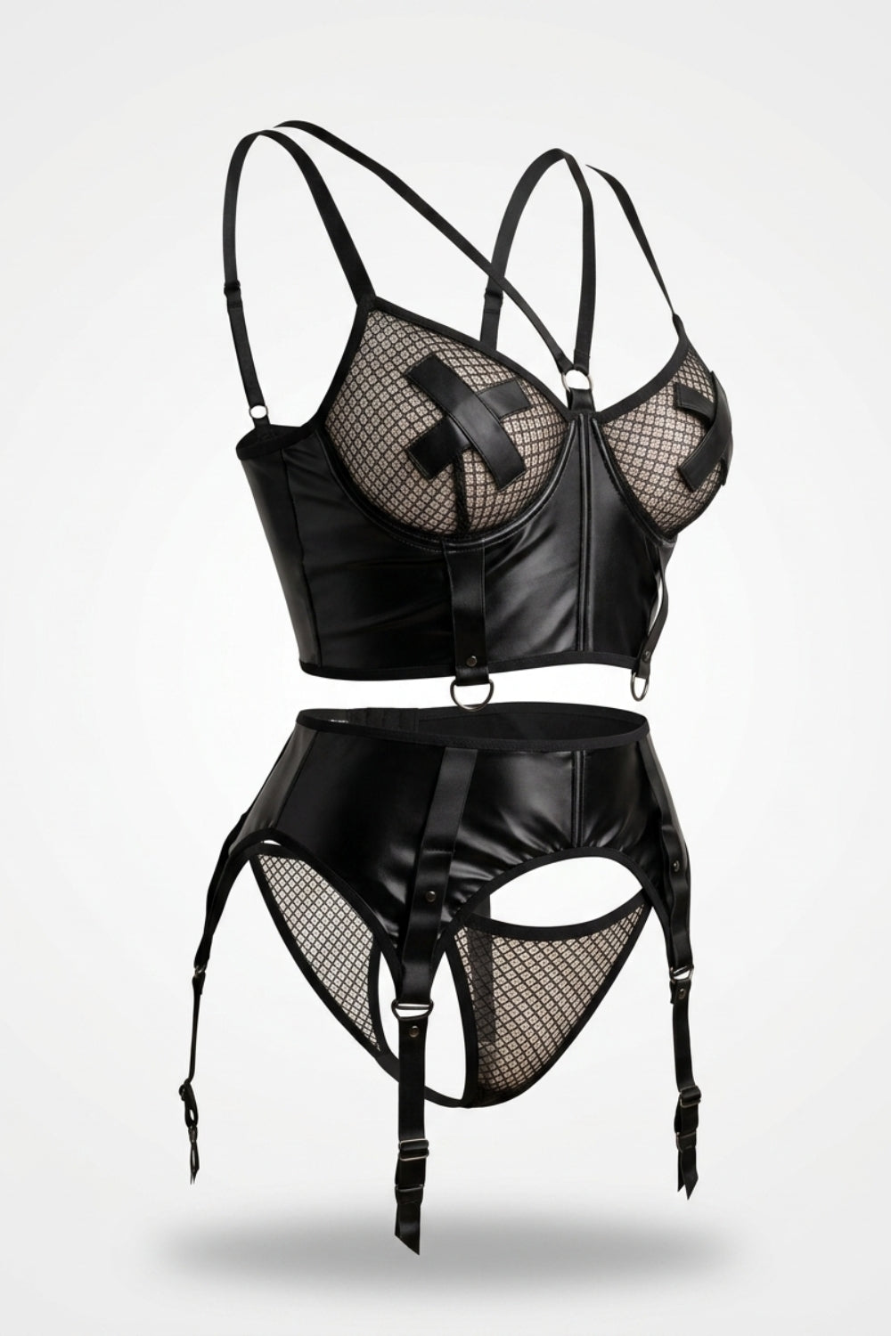 Fishnet faux leather – Four-piece lingerie set