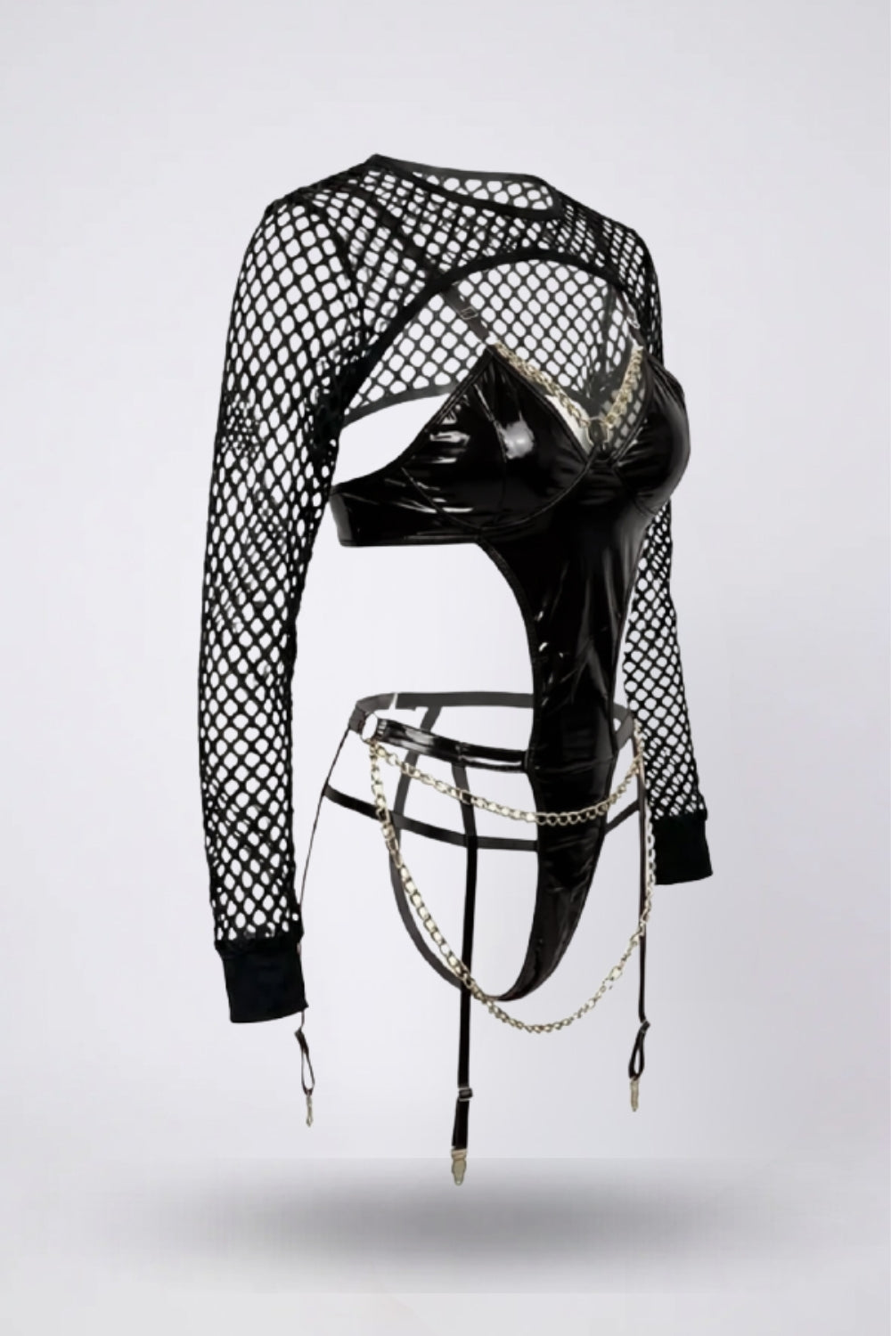 Chain detail wet-look finish – Garter bodysuit
