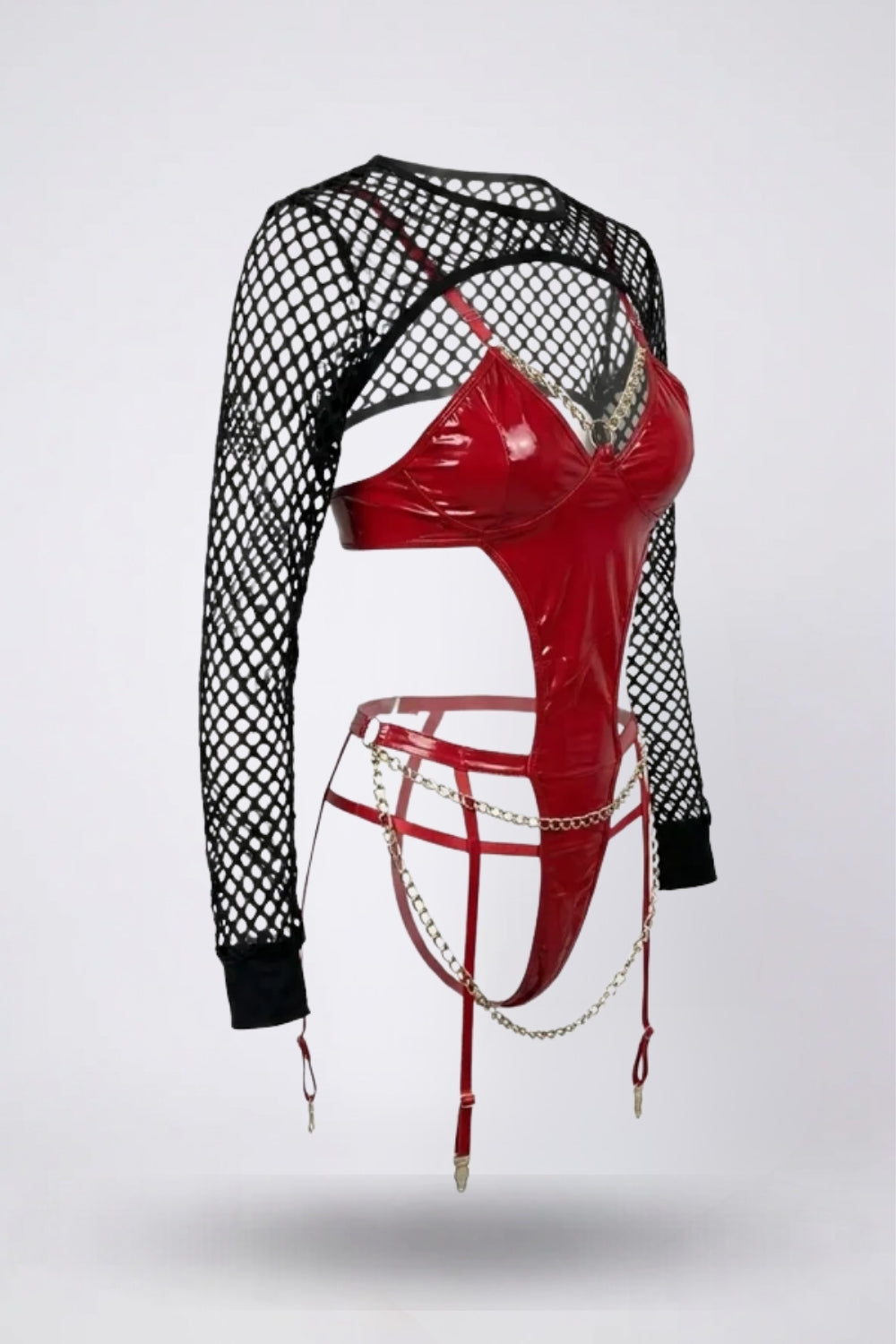 Chain detail wet-look finish – Garter bodysuit