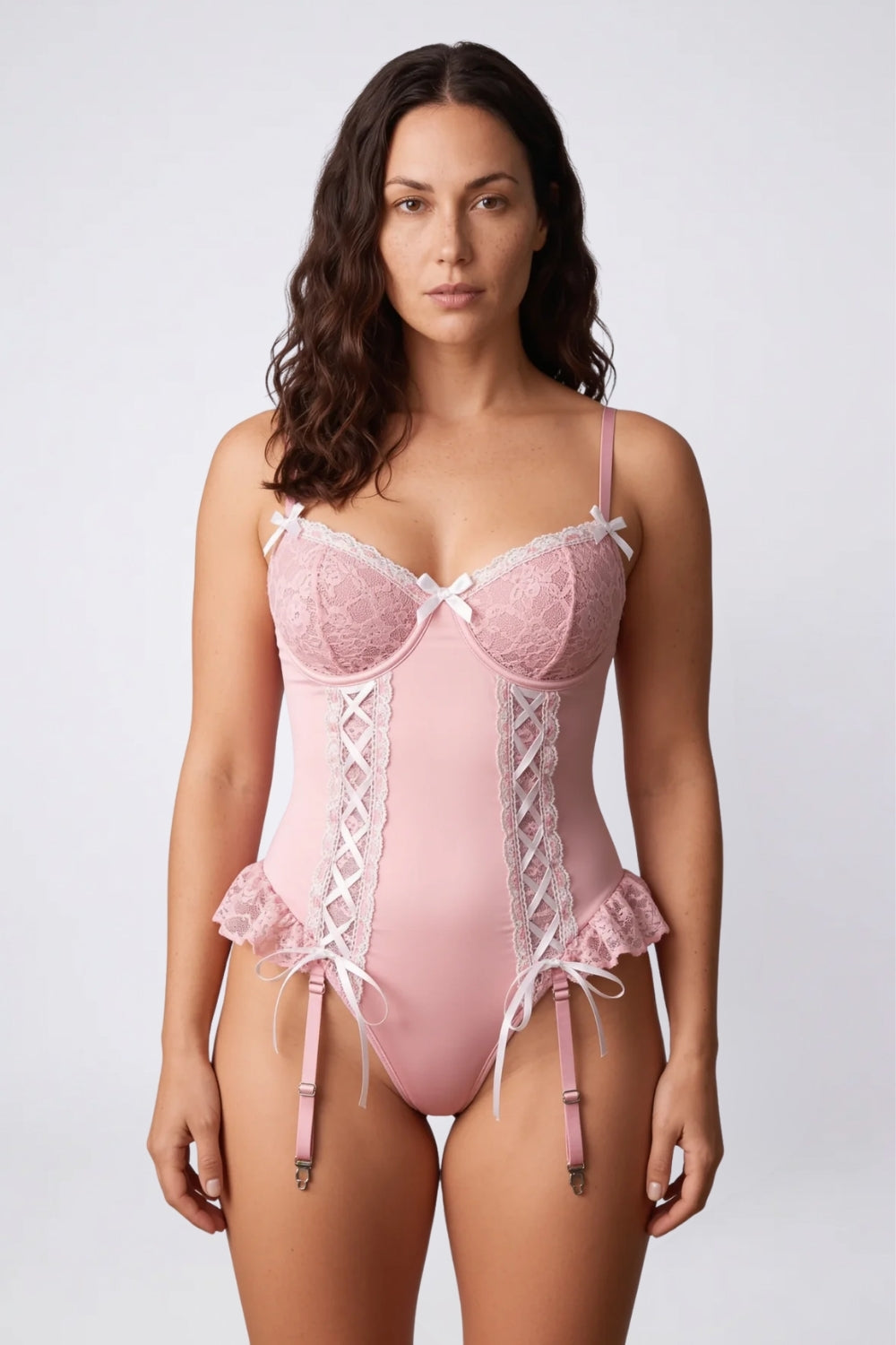 Model wearing lace-up bow detail garter bodysuit in pink