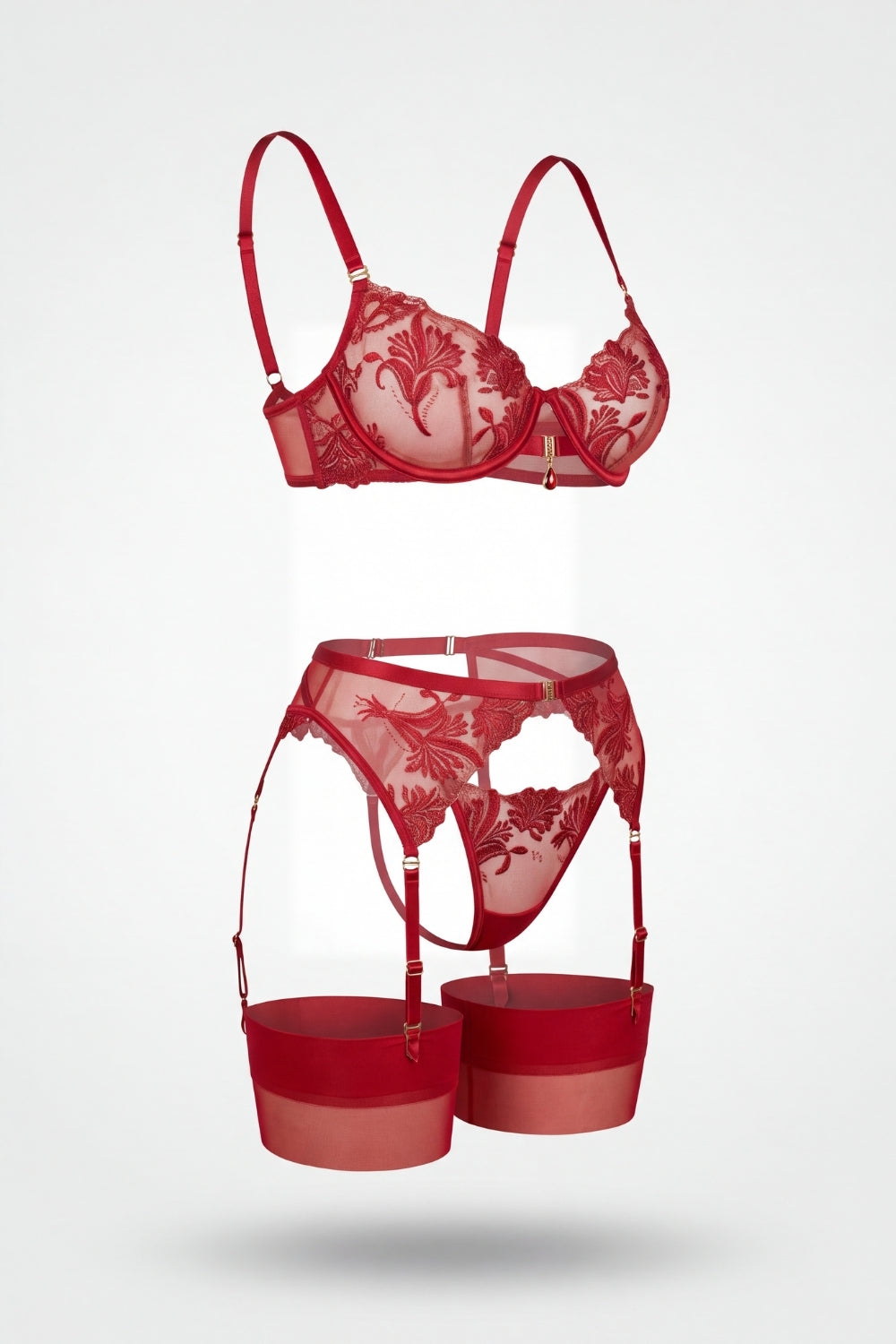 Floral lace and sheer mesh four-piece lingerie set in red