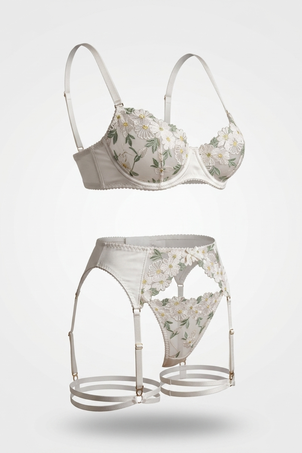 Botanical embroidered allure – Four-piece lingerie set