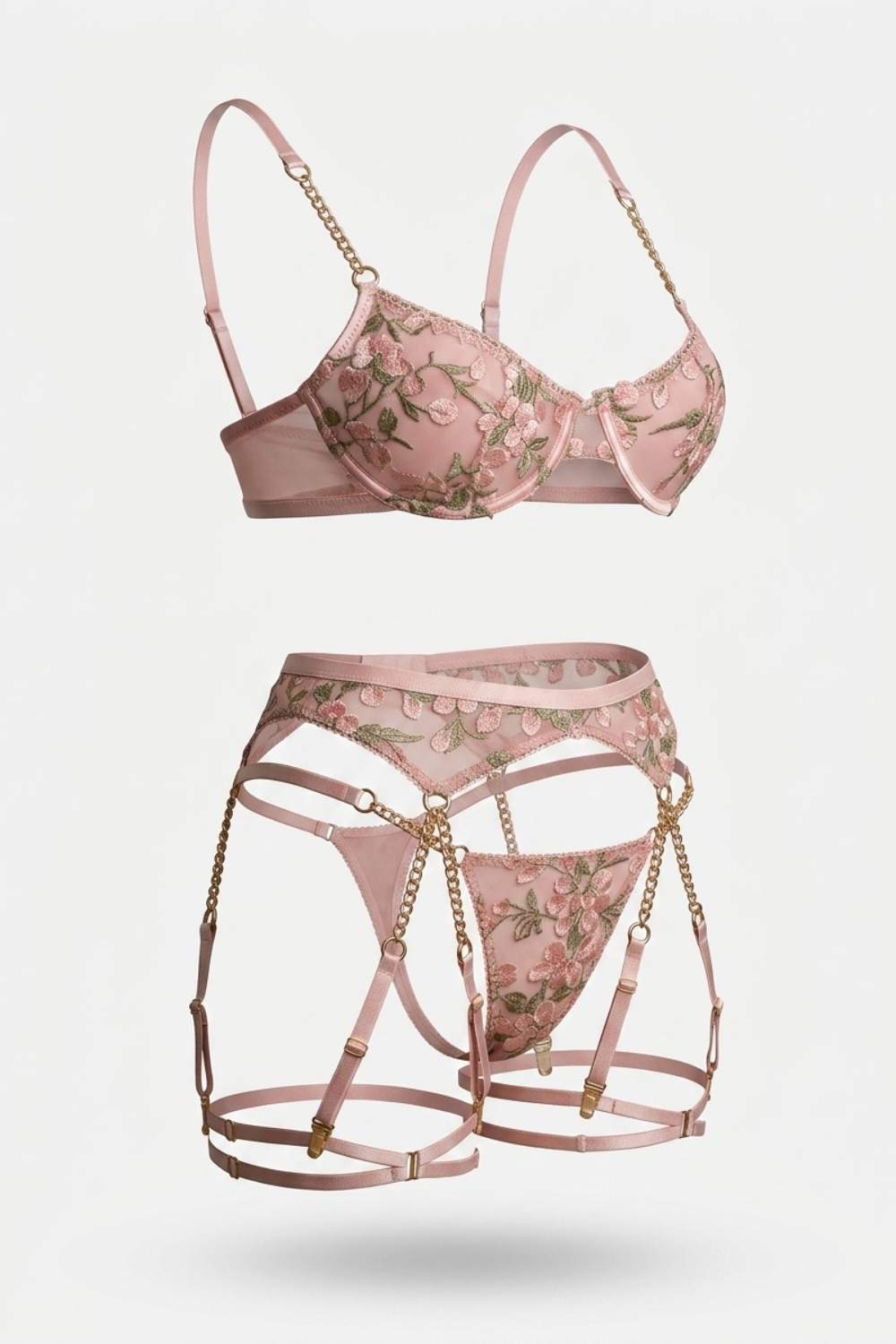 Chain accent floral embroidery – Three-piece lingerie set
