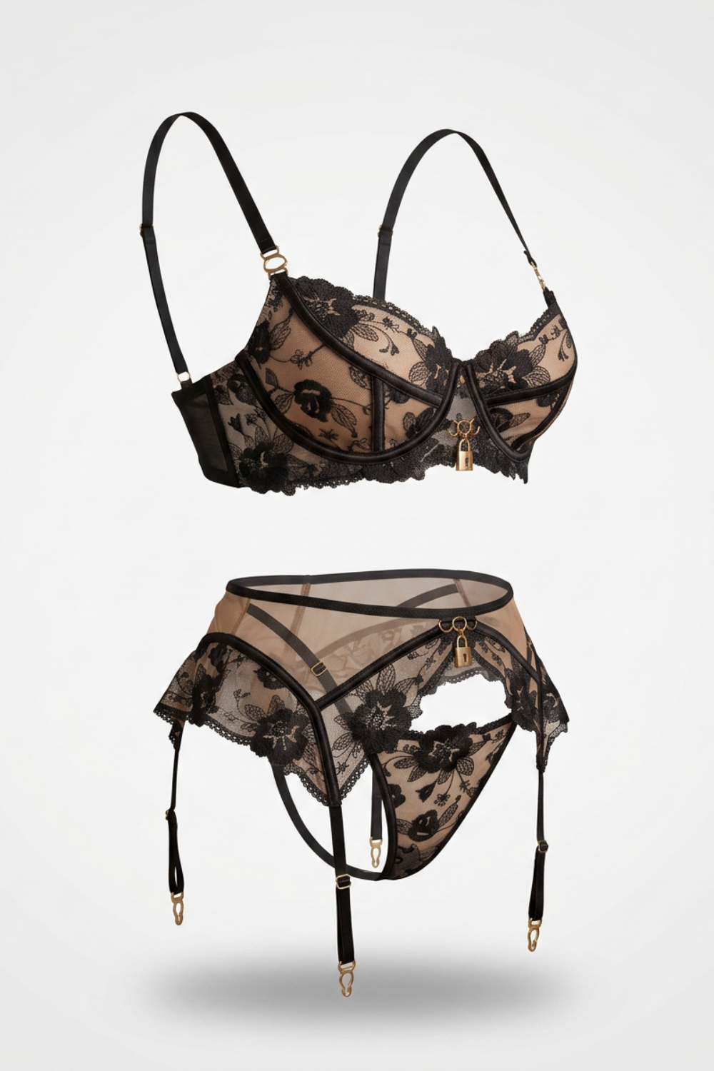 Embroidered garter lace – Three-piece lingerie set