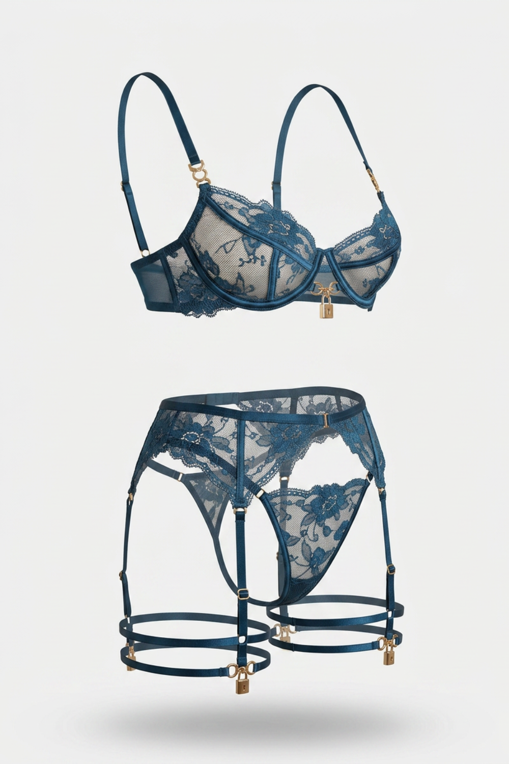 Embroidered garter lace – Three-piece lingerie set