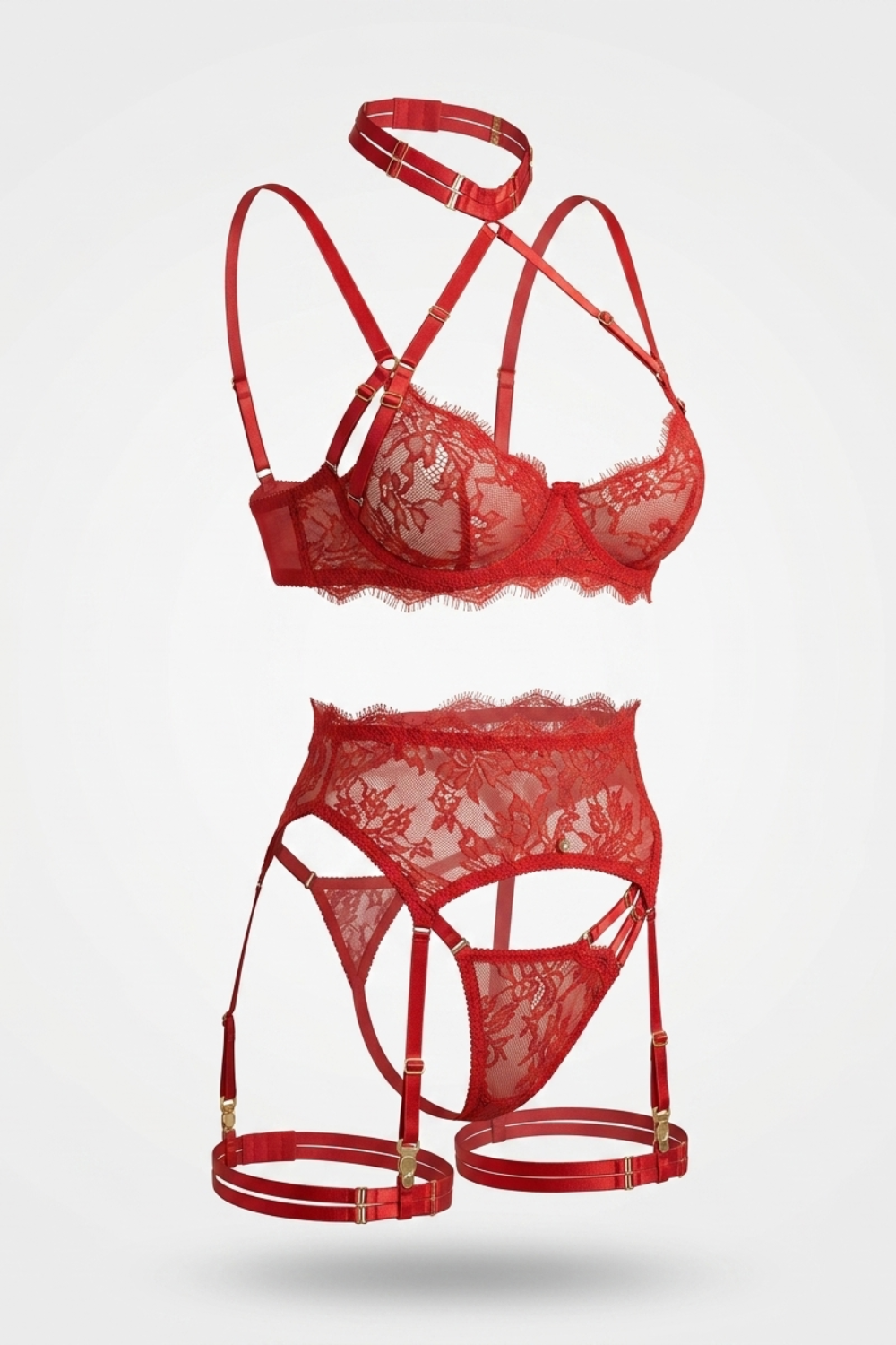 Eyelash lace elegance – Four-piece lingerie set