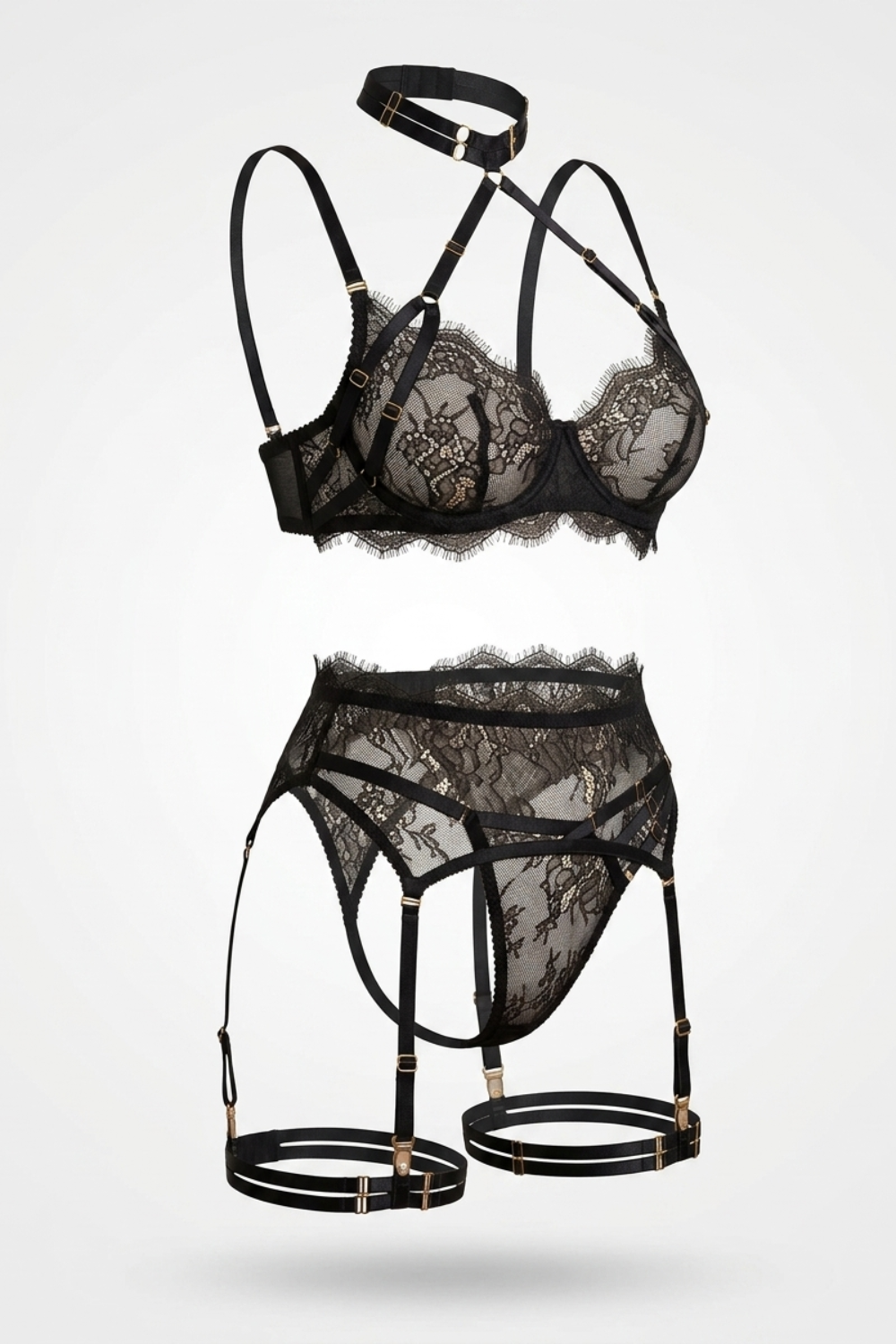 Eyelash lace elegance – Four-piece lingerie set