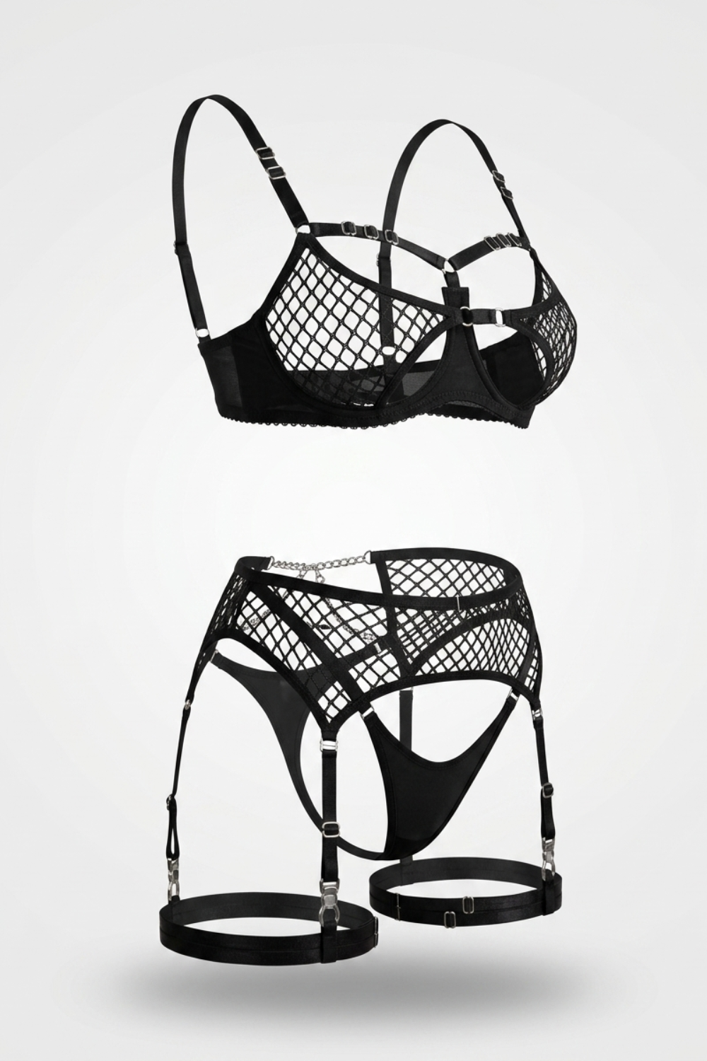 Fishnet cutout garter – Three-piece lingerie set