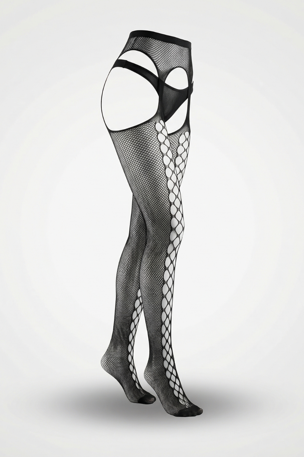 Fishnet garter illusion with side cutouts – Stockings