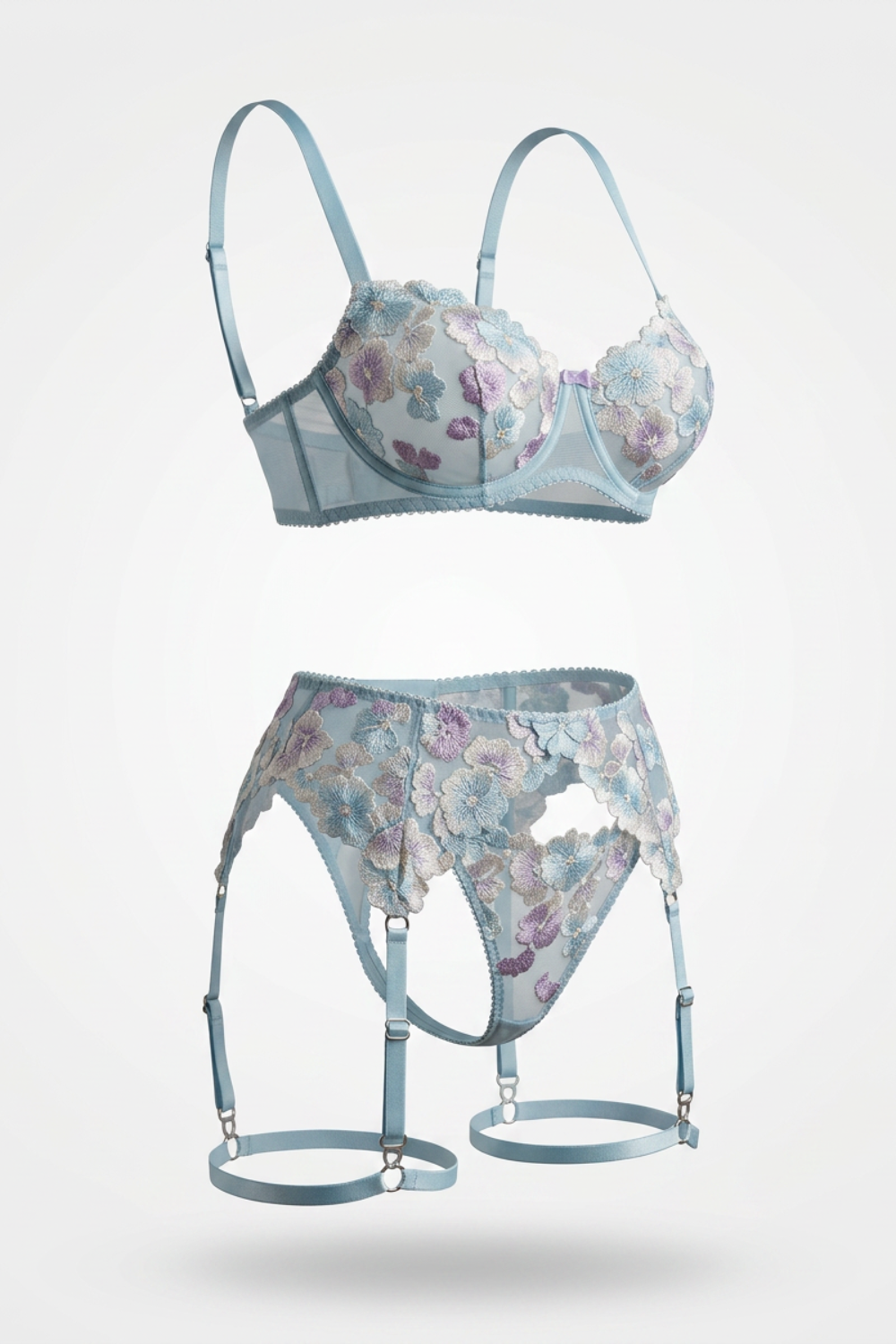 Floral embroidered garter – Three-piece lingerie set