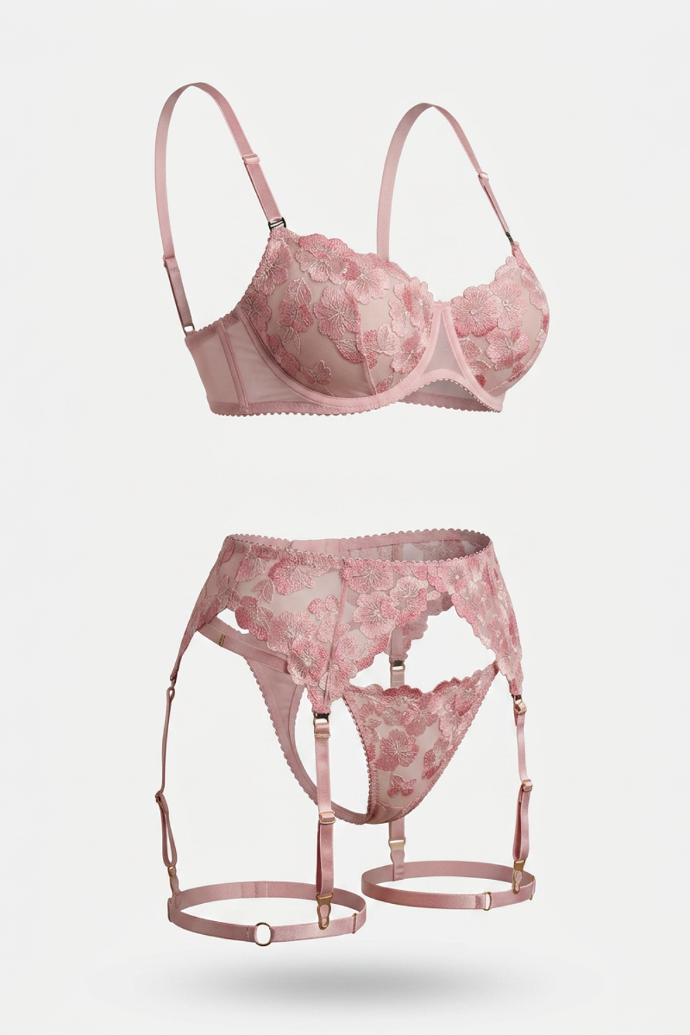 Floral embroidered garter – Three-piece lingerie set