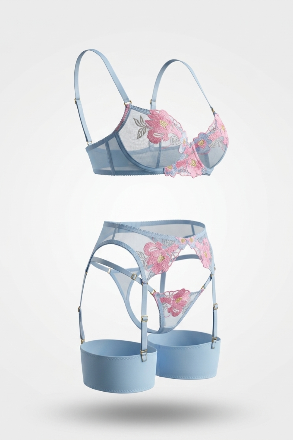 Floral embroidered garter – Four-piece lingerie set