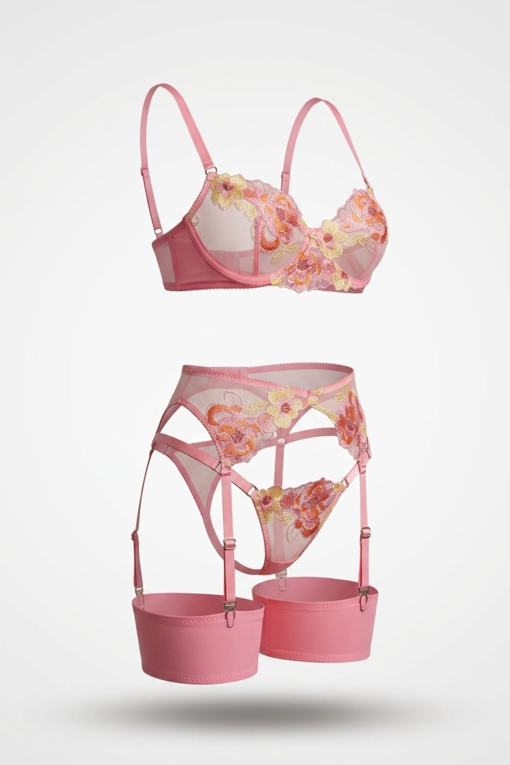 Floral embroidered garter – Four-piece lingerie set