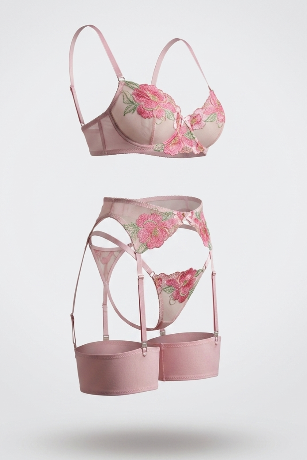 Floral embroidered garter – Four-piece lingerie set