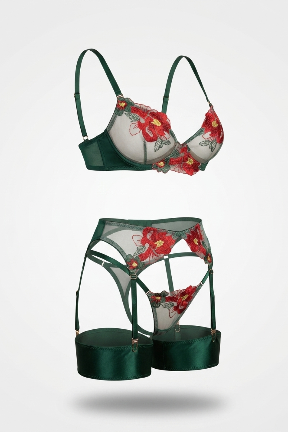 Floral embroidered garter – Four-piece lingerie set