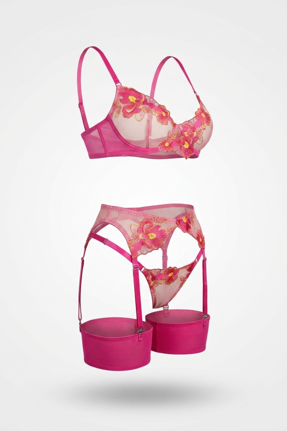 Floral embroidered garter – Four-piece lingerie set