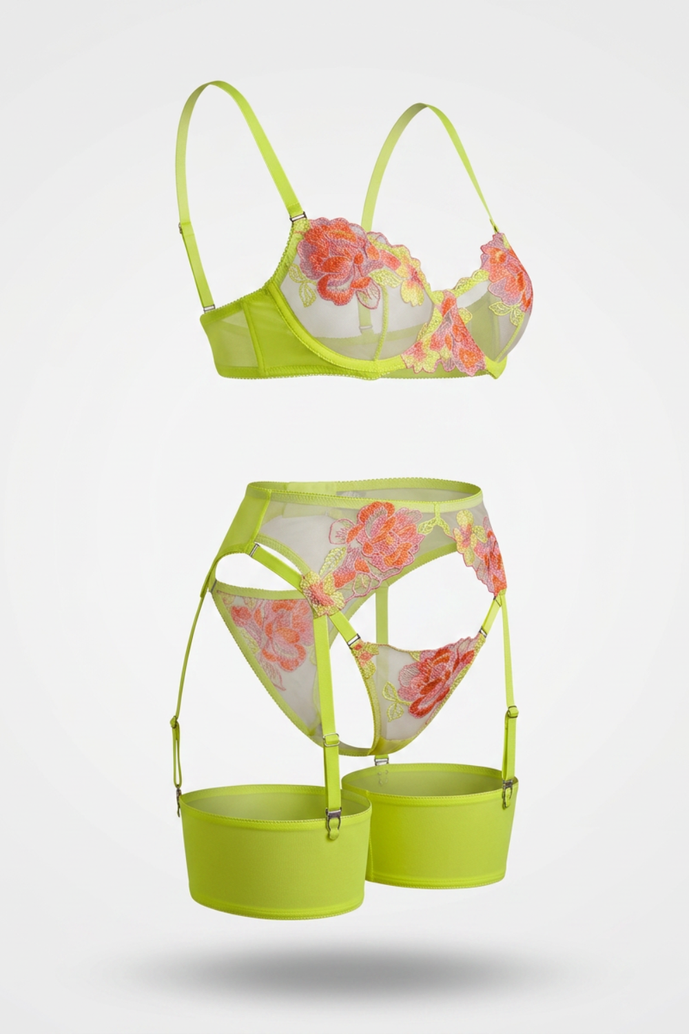 Floral embroidered garter – Four-piece lingerie set