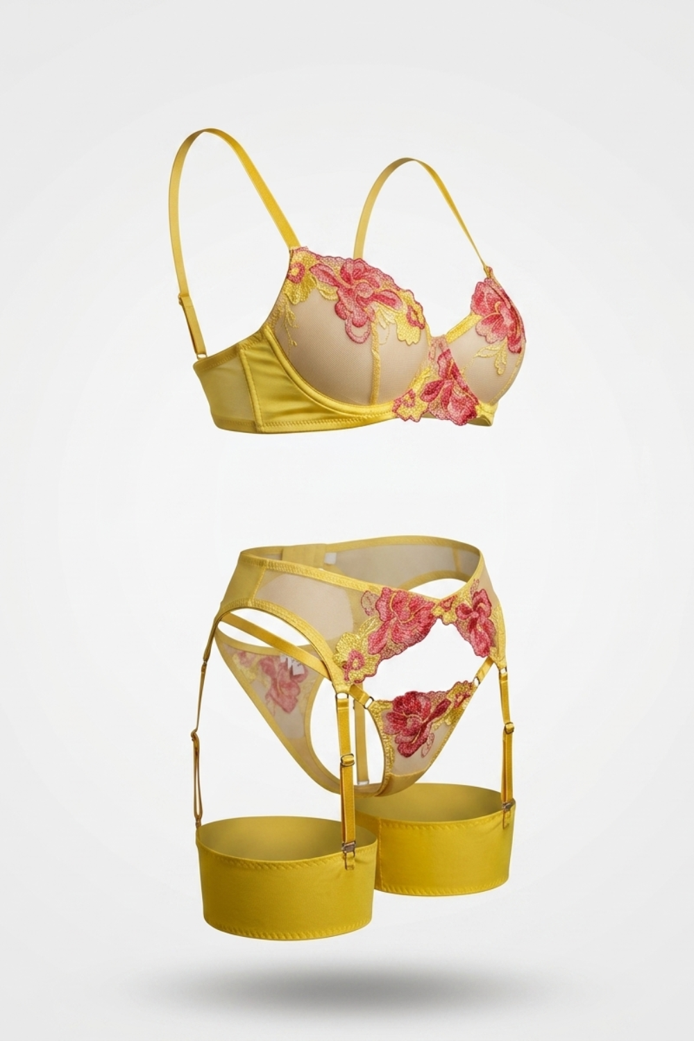 Floral embroidered garter – Four-piece lingerie set