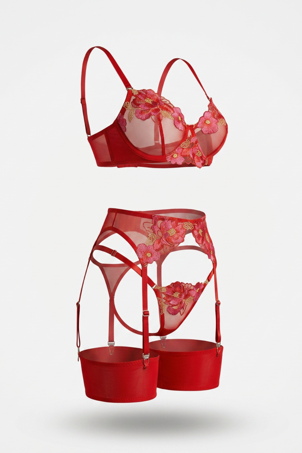 Floral embroidered garter – Four-piece lingerie set