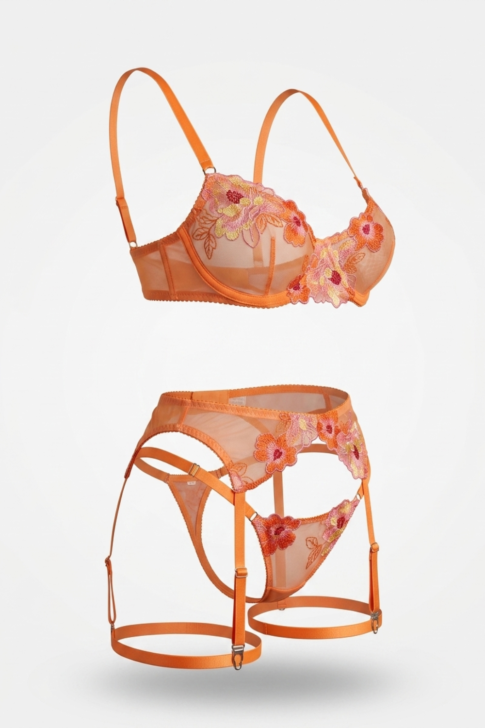 Floral embroidered garter – Four-piece lingerie set