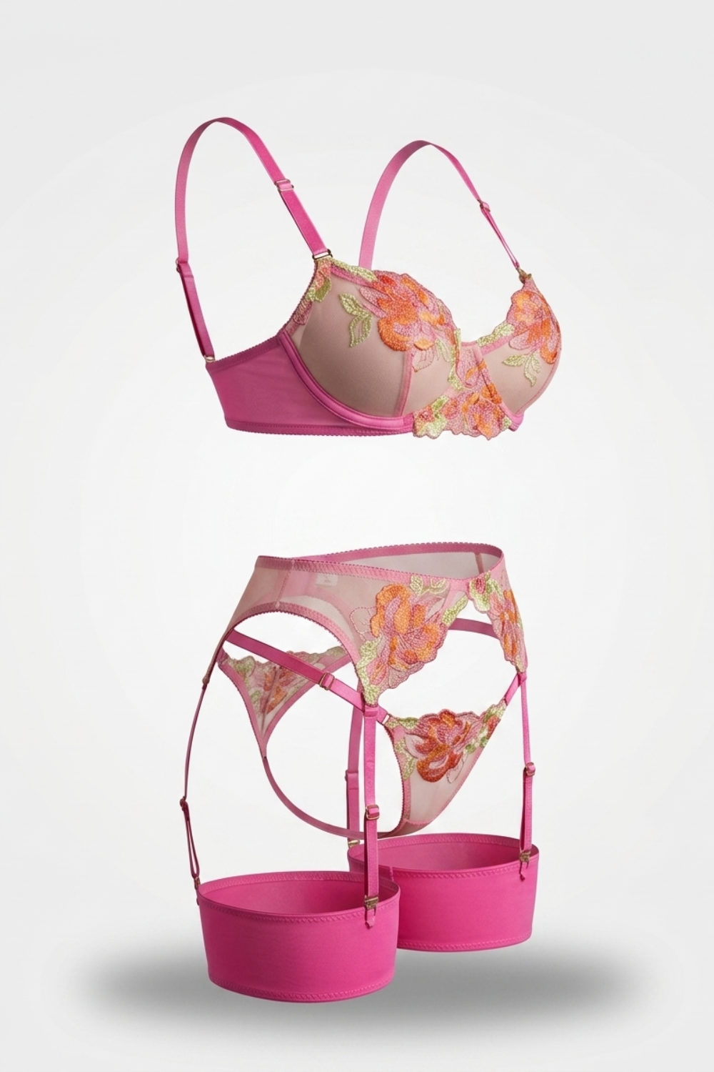 Floral embroidered garter – Four-piece lingerie set