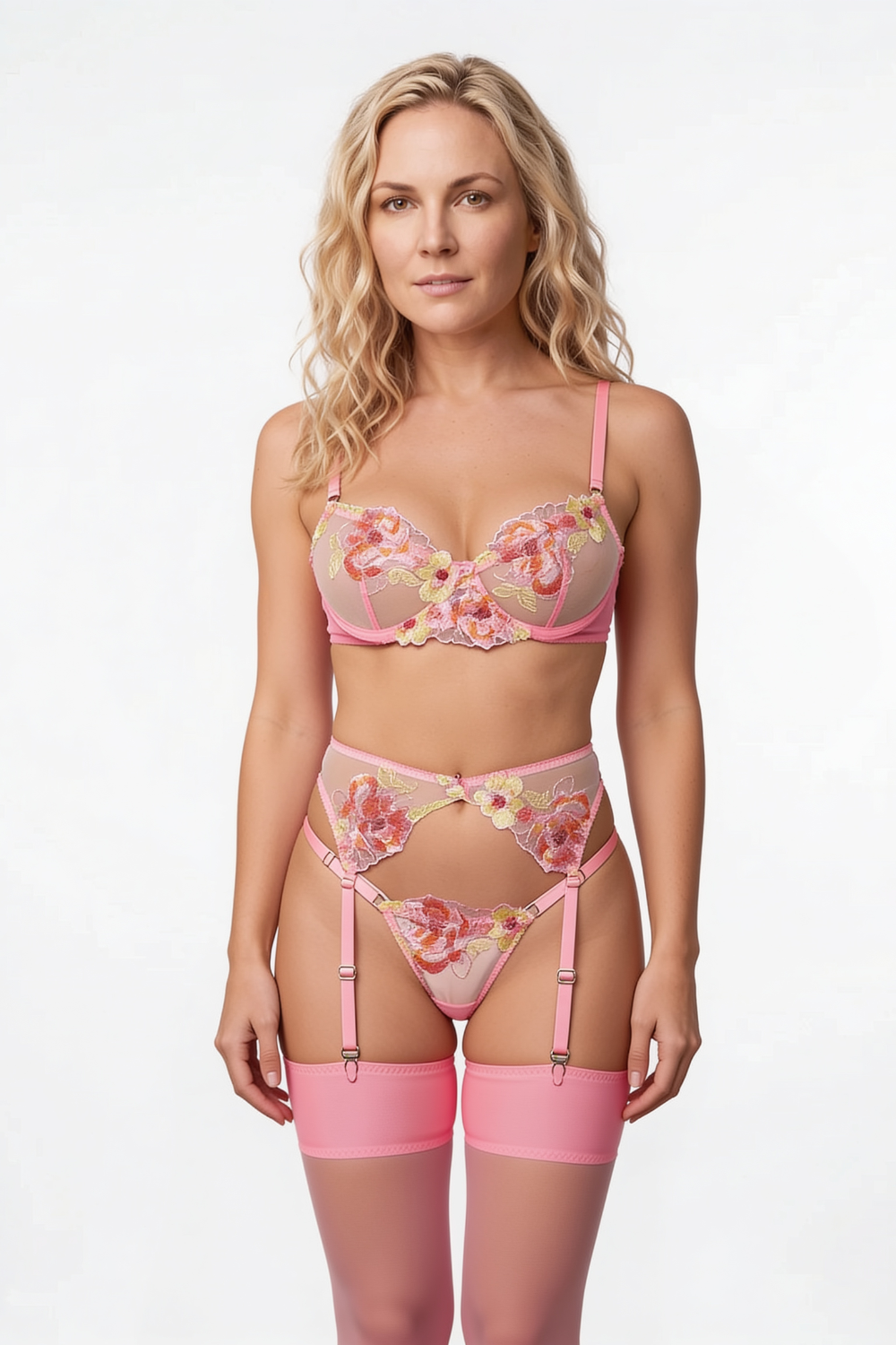 Floral embroidered garter – Four-piece lingerie set