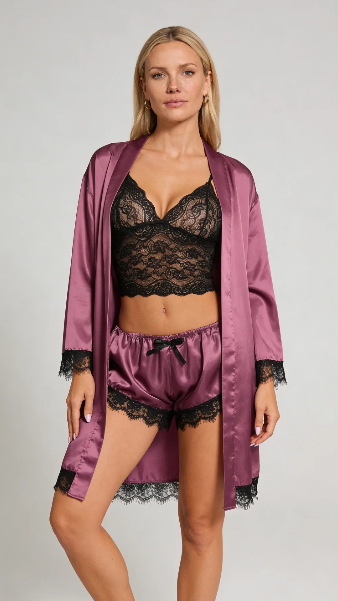 Aurora – Satin Lace Lounge Set with Kimono & Shorts