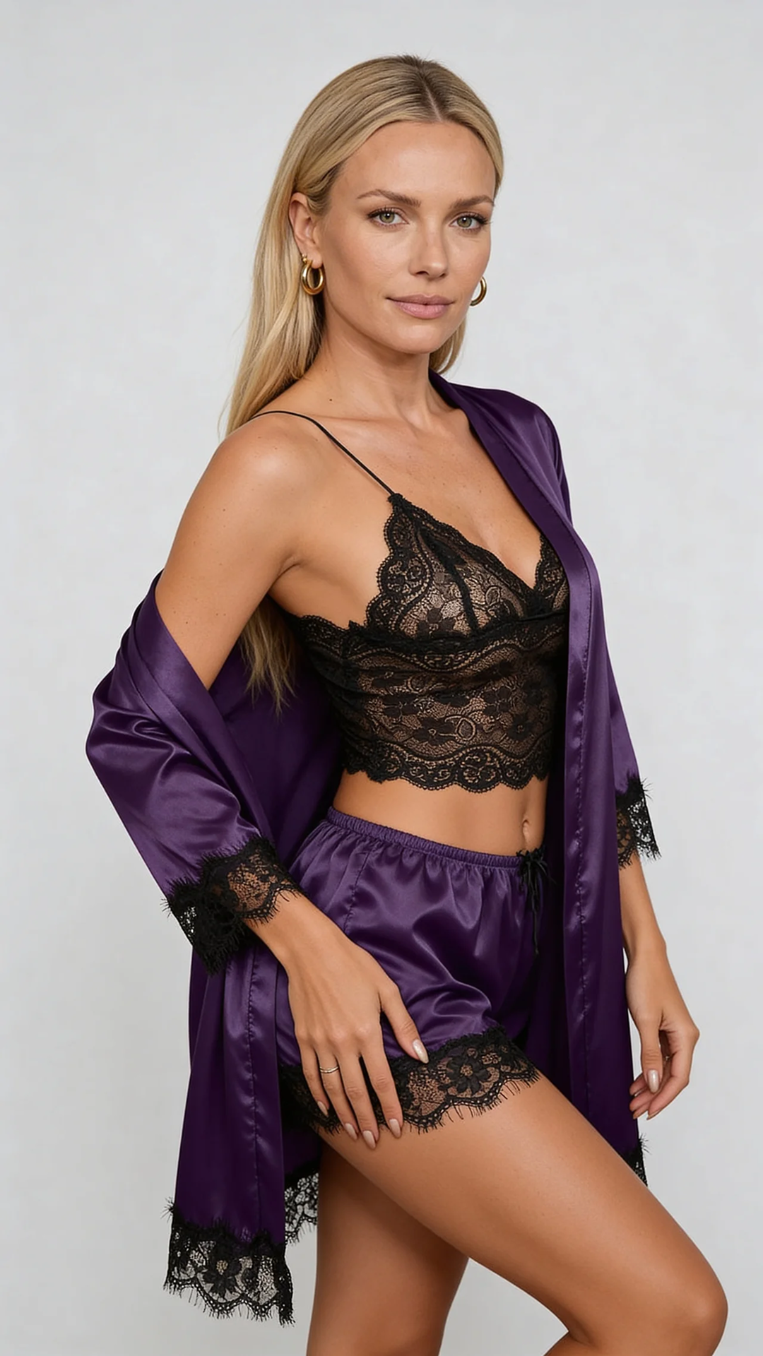 Aurora – Satin Lace Lounge Set with Kimono & Shorts