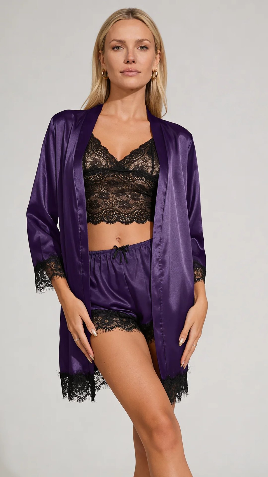 Aurora – Satin Lace Lounge Set with Kimono & Shorts