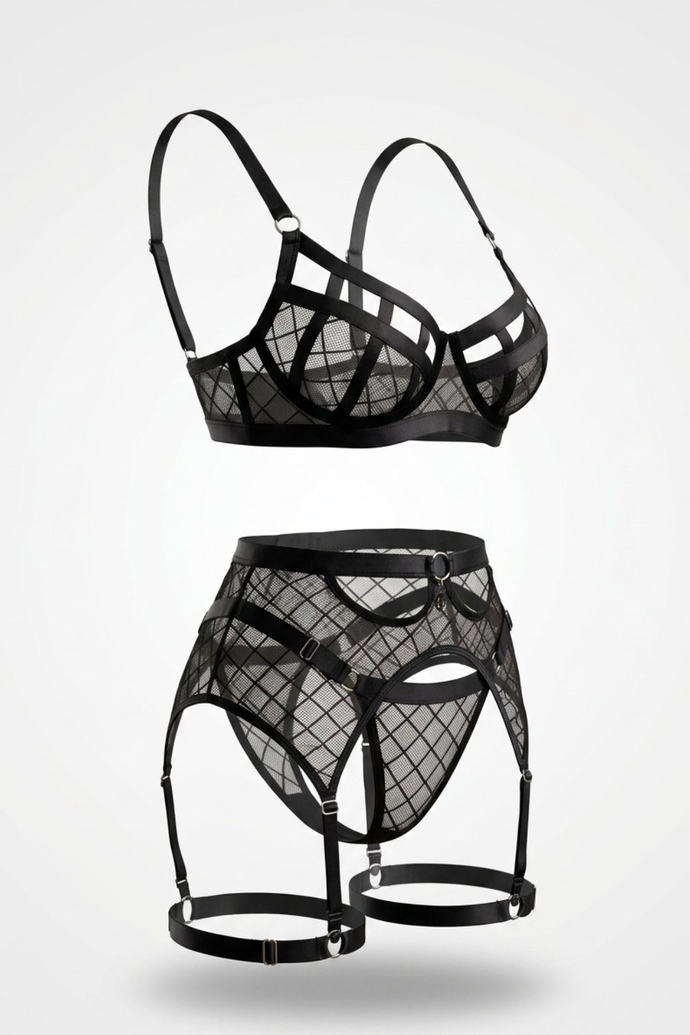 Geometric sheer mesh – Three-piece lingerie set