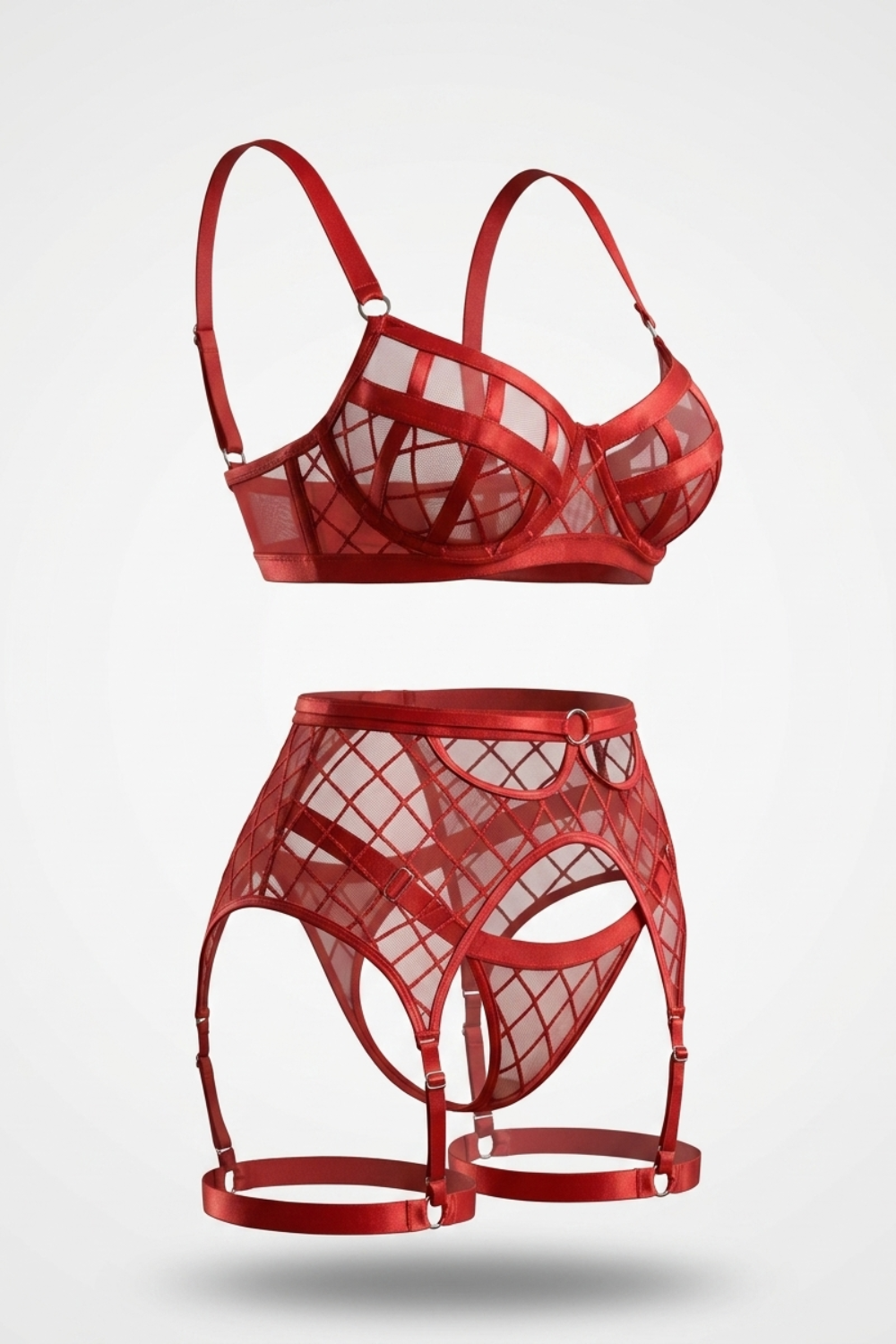 Geometric sheer mesh – Three-piece lingerie set