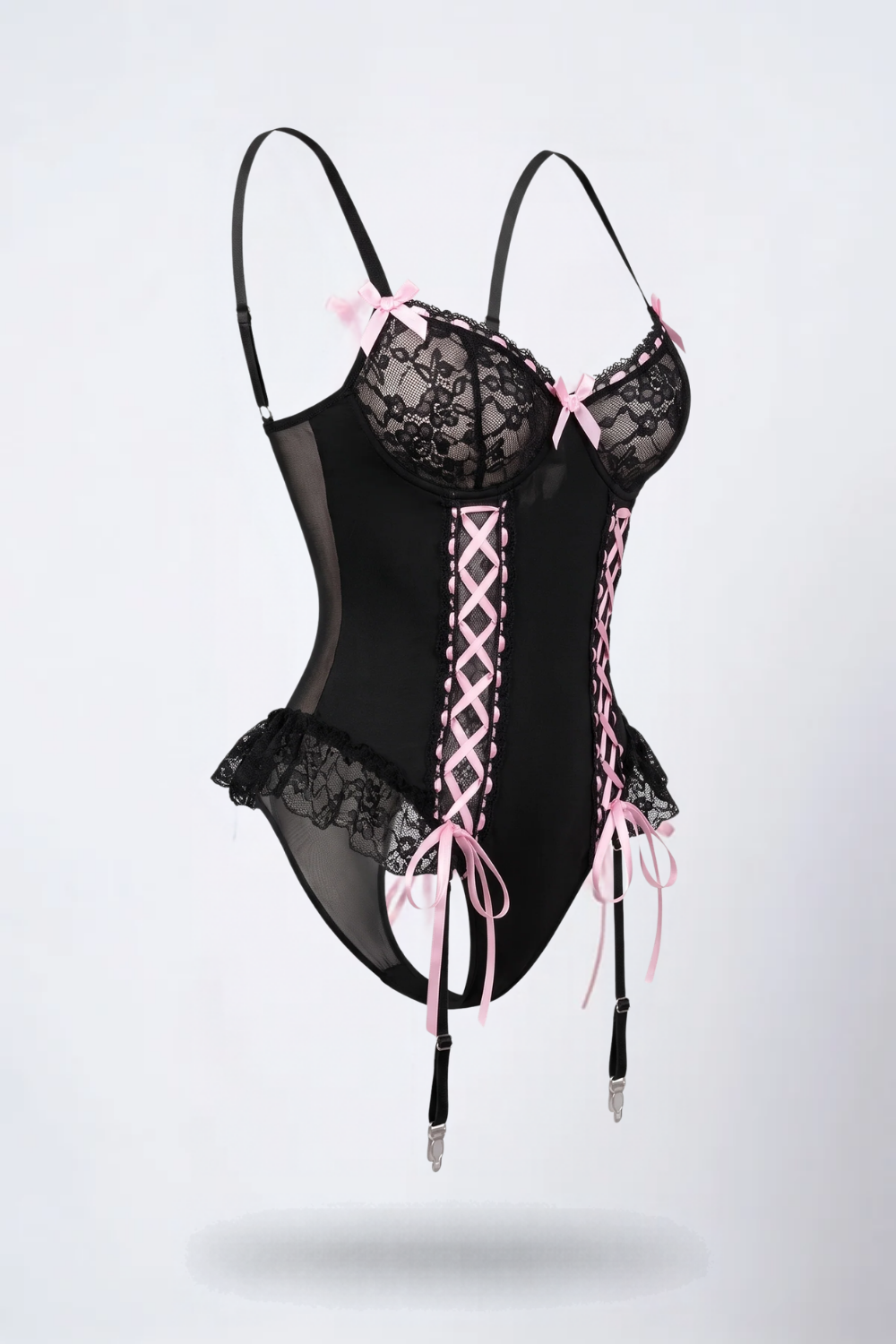 Lace-up bow detail garter bodysuit in black