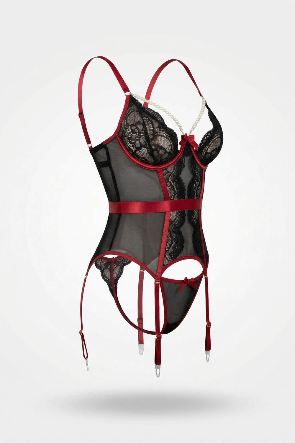 Sheer lace pearl accent – Garter bodysuit