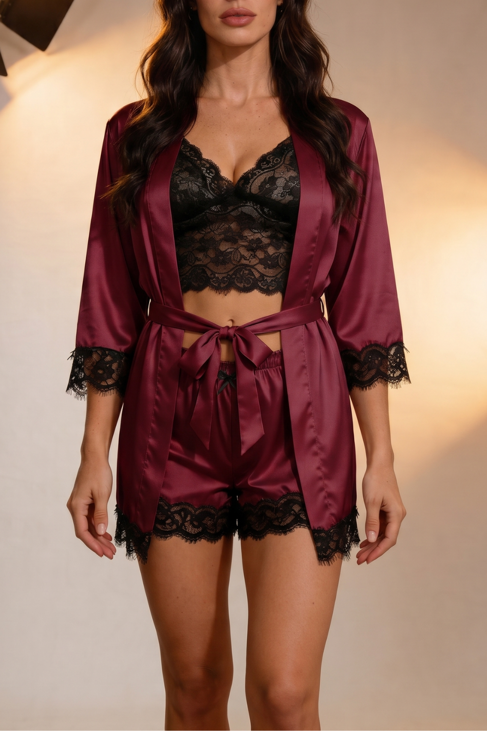 Satin lace trim lounge – Three-piece set