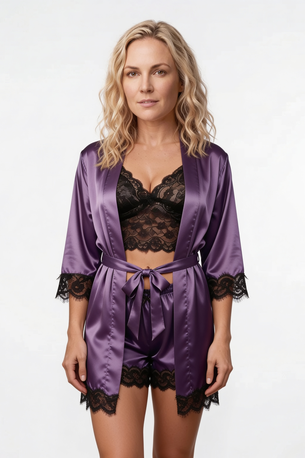 Satin lace trim lounge – Three-piece set