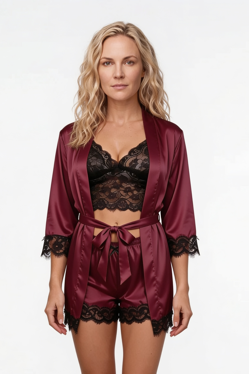 Satin lace trim lounge – Three-piece set
