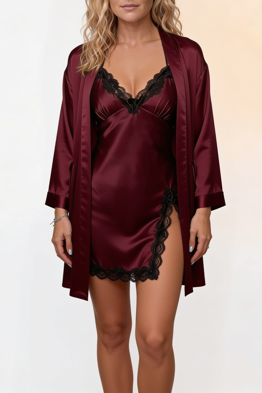 Satin lace trim romantic – Three-piece set