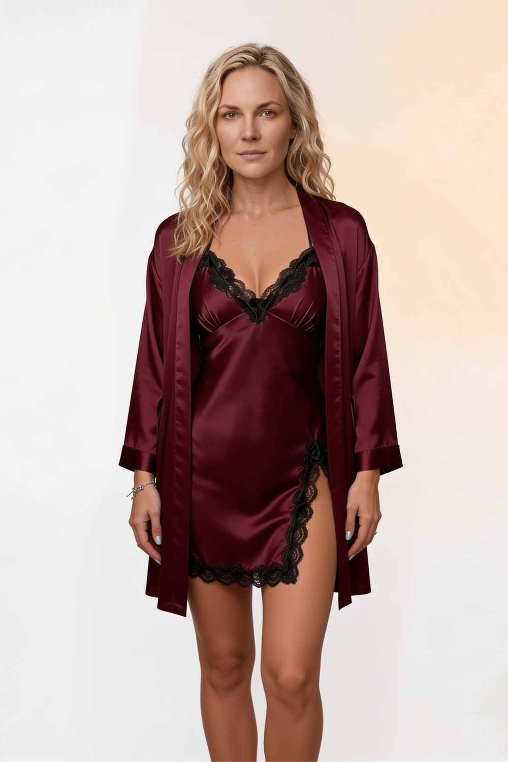 Satin lace trim romantic – Three-piece set