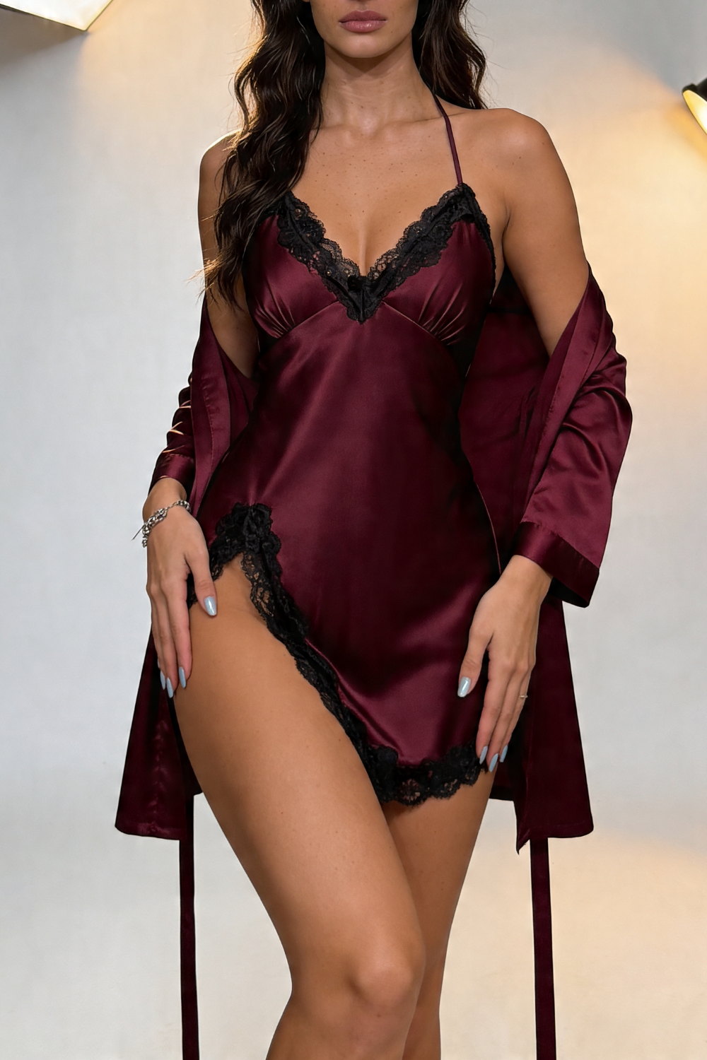 Satin lace trim romantic – Three-piece set