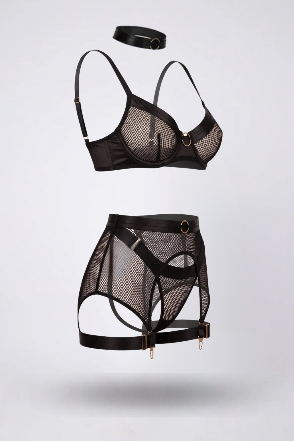 Fishnet mesh allure – Four-piece lingerie set