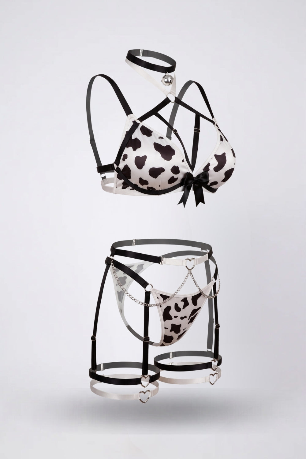 Cow print strappy detail – Three-piece lingerie set
