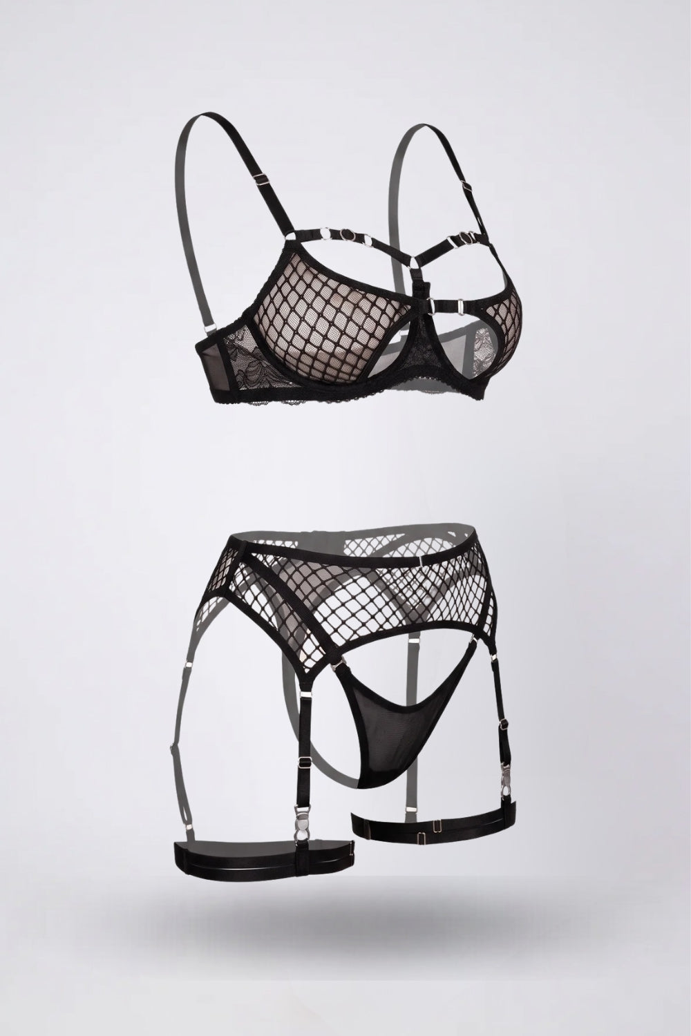 Fishnet cutout garter – Four-piece lingerie set