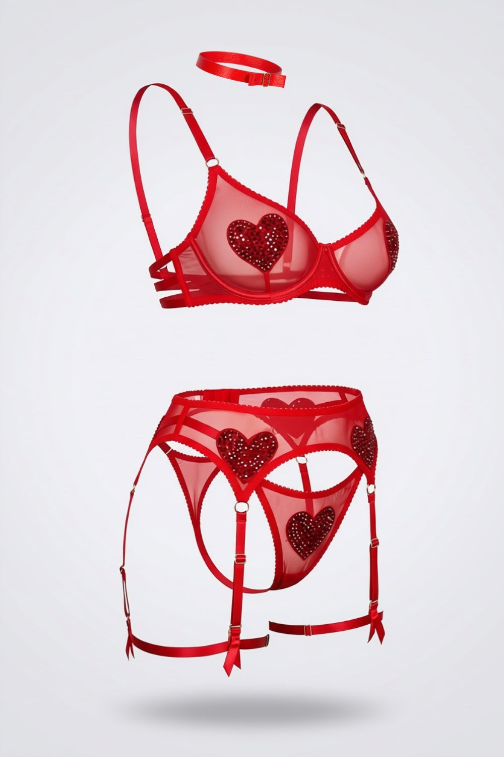 Sheer heart detail – Four-piece lingerie set