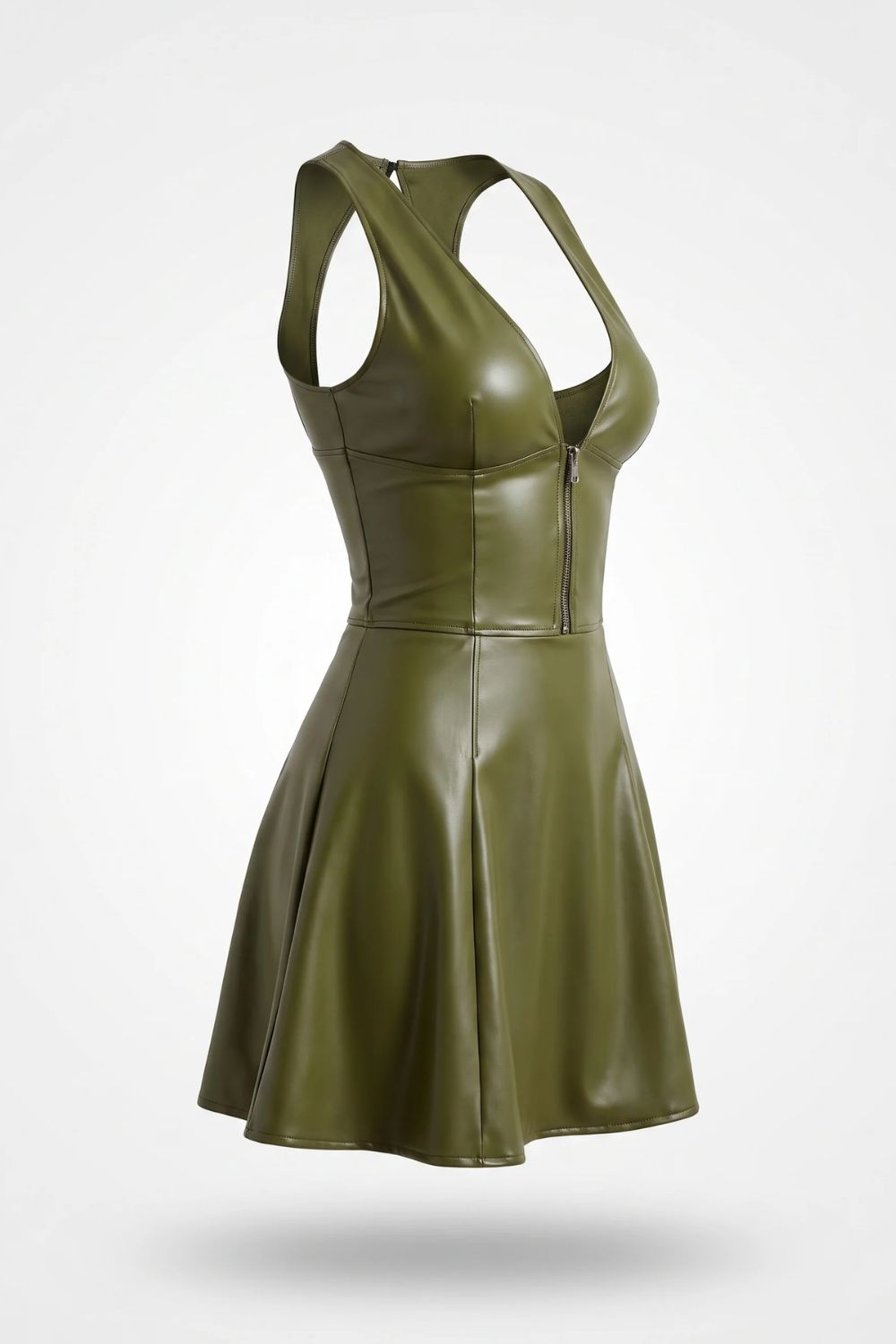 Sheer plunge faux leather – A-line dress