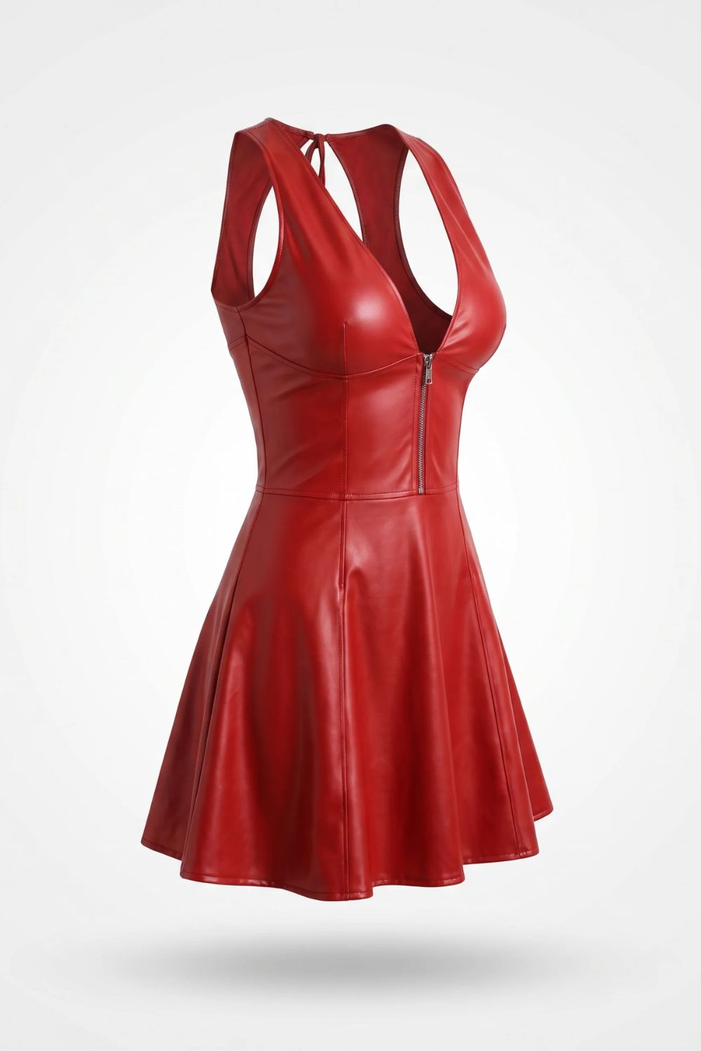 Sheer plunge faux leather – A-line dress