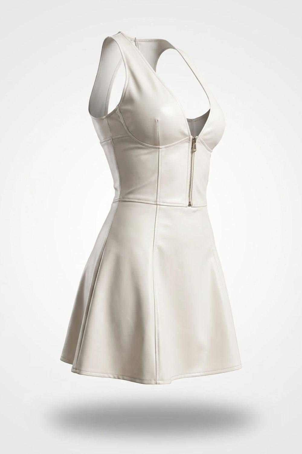 Sheer plunge faux leather – A-line dress