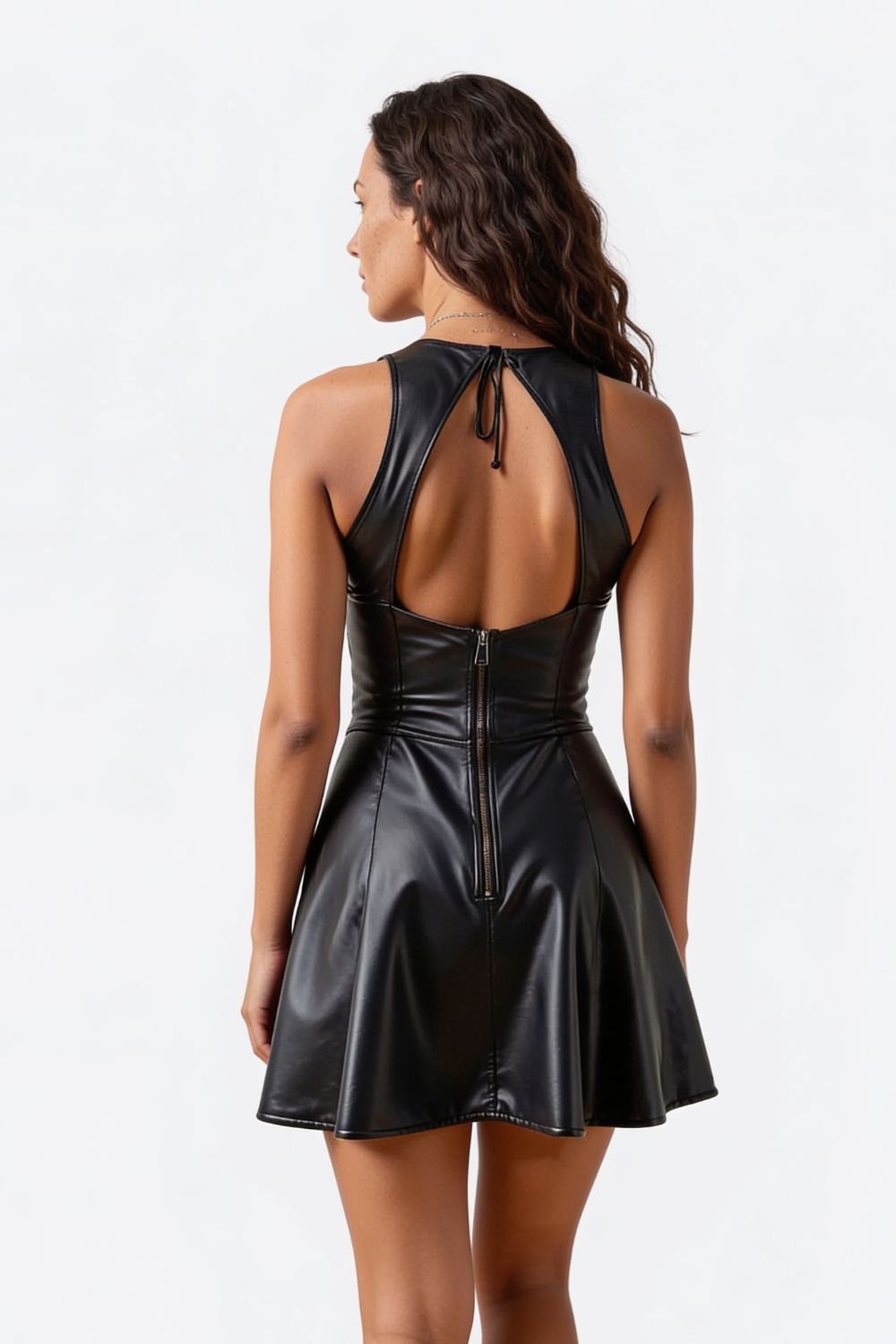 Sheer plunge faux leather – A-line dress