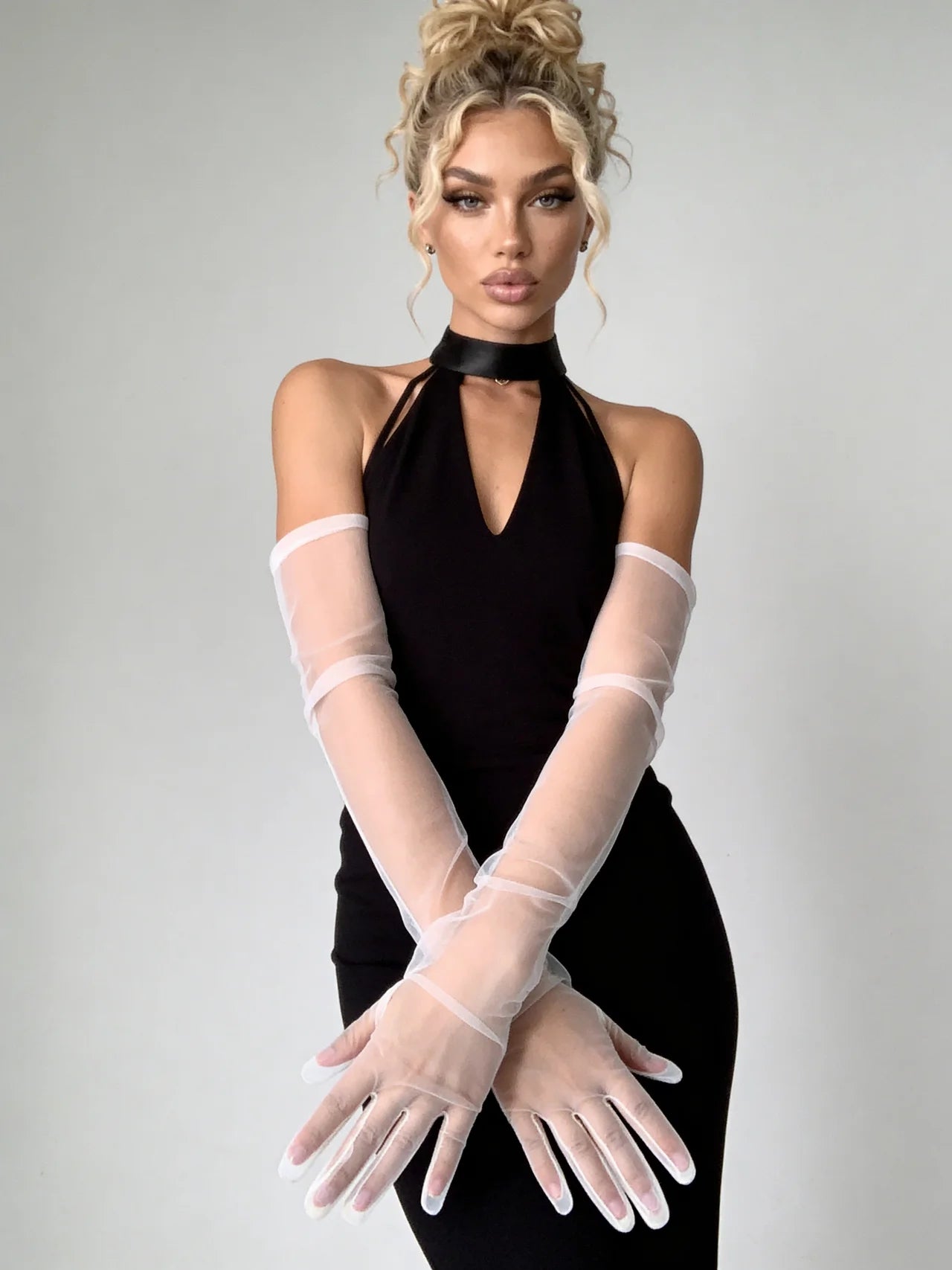 Sheer mesh long sleeve gloves