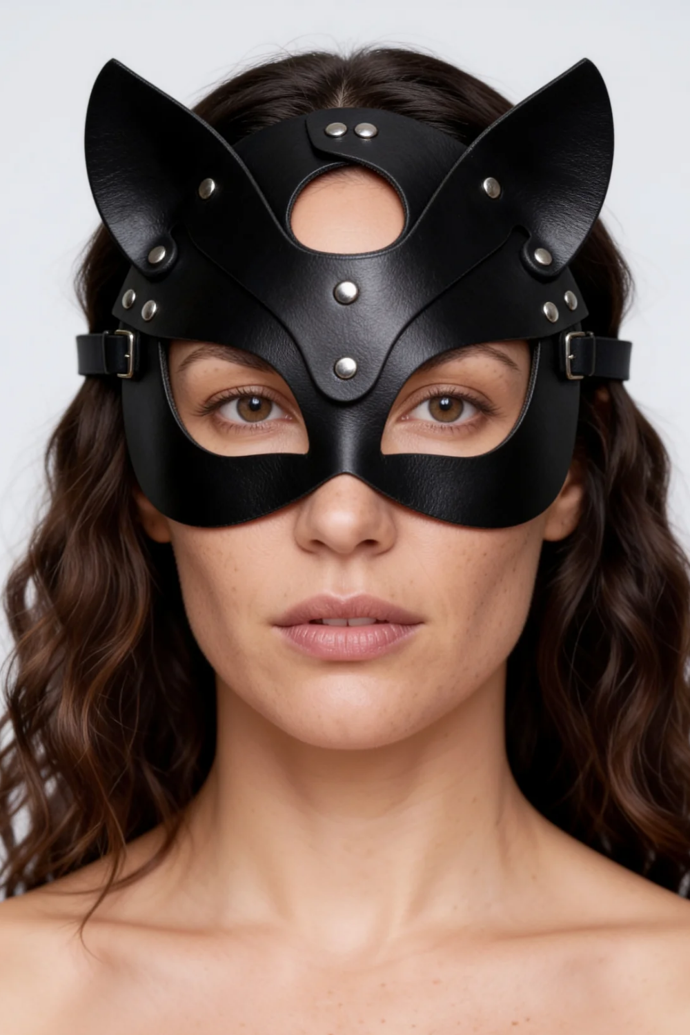 Model wearing leather cat ear design costume mask in black, alternate view