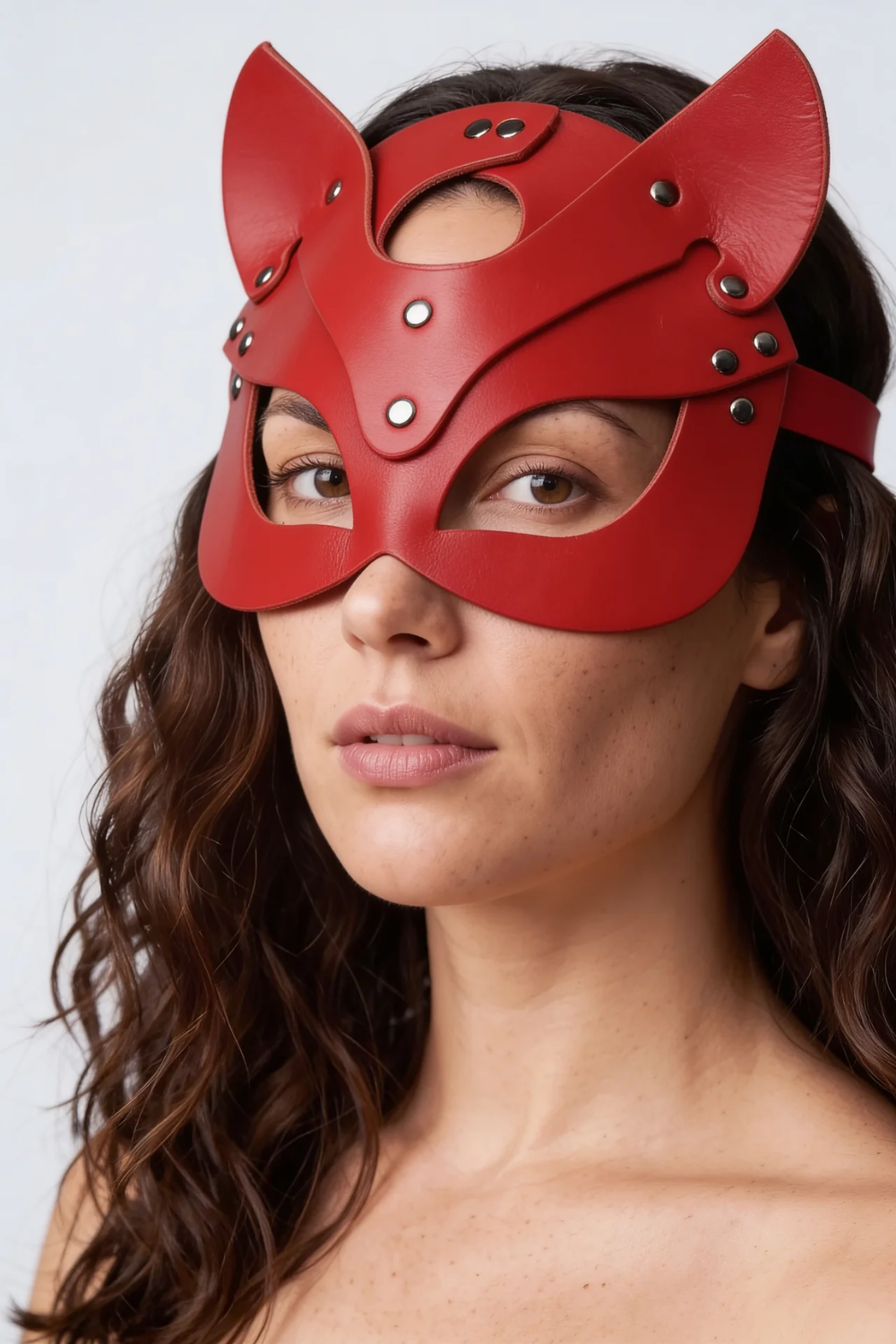 Model wearing leather cat ear design costume mask in red, alternate view